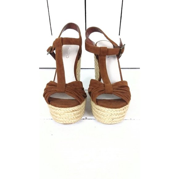 90s vintage brown open toe high platform t strap wedge espadrille sandals/Aldo/3 - Picture 3 of 7